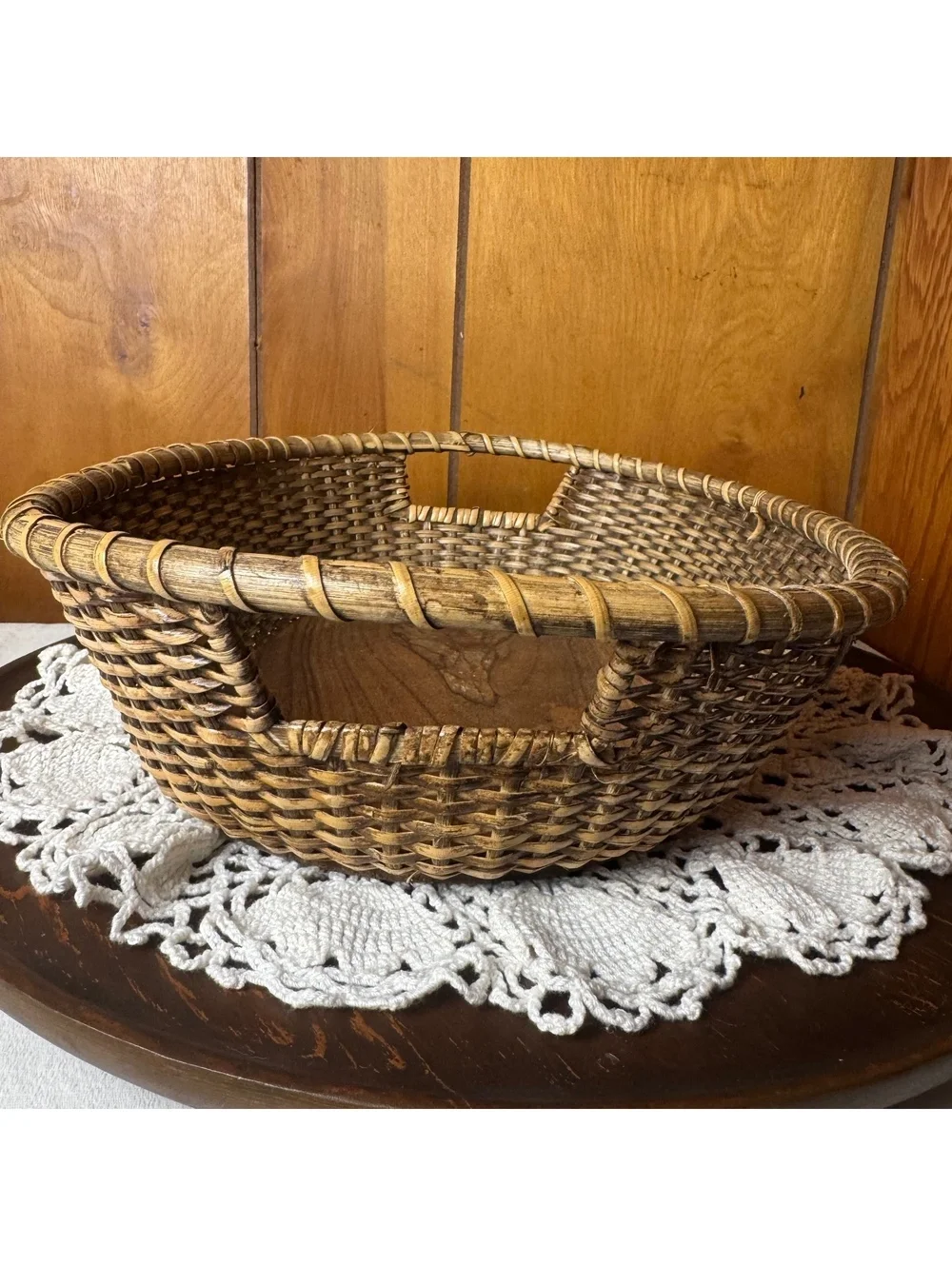 Vintage Woven Basket Stonewall Kitchen Wood Bottom Serving Tray 14 Inch